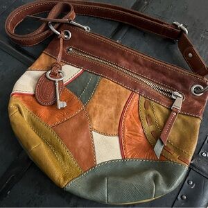 Fossil Colored Leather Patchwork Hobo Shoulder Bag Purse w/ adjustable strap